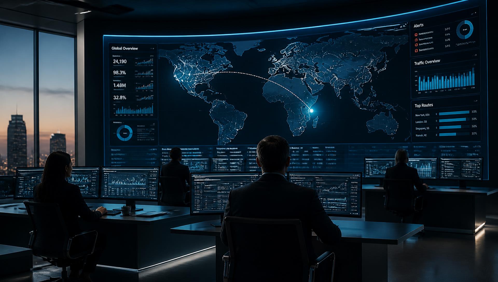 Global operations center with analysts monitoring a world map linking the United States and East Africa