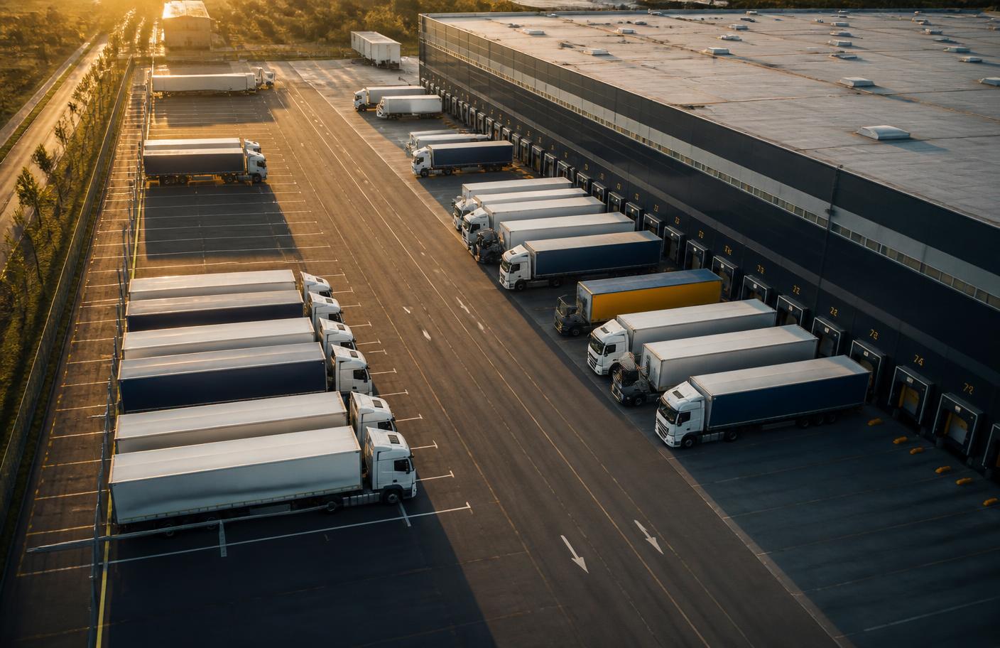 Aerial view of a logistics yard with freight trucks at loading docks
